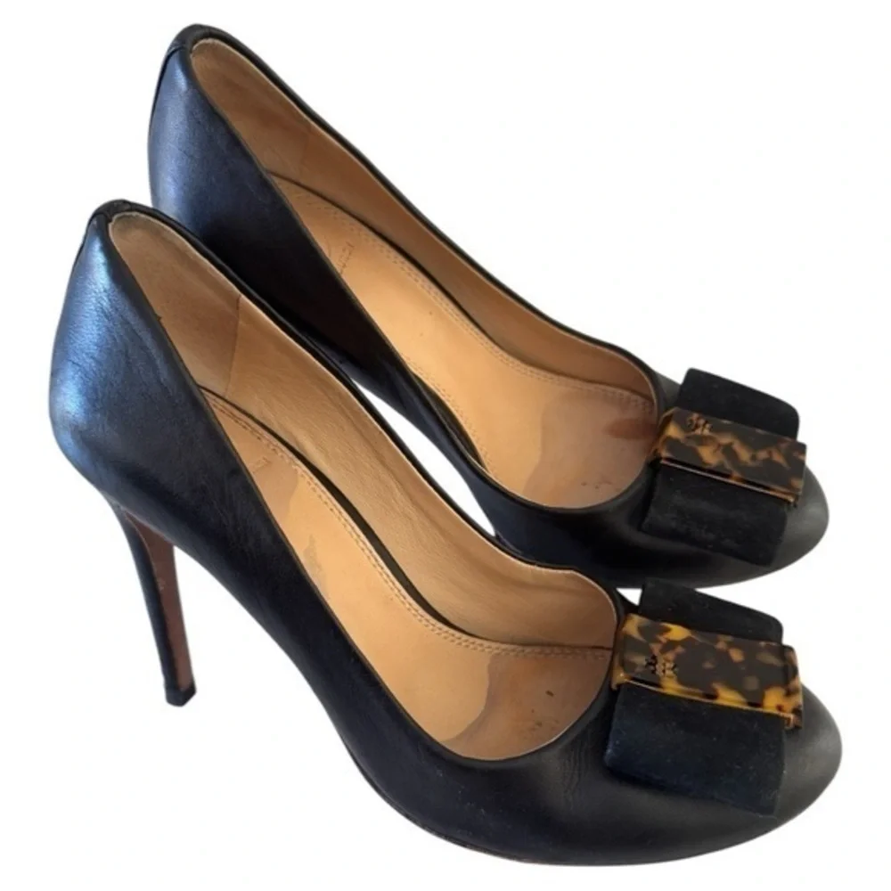 Elegant Black Leather Heels with Tortoise Bow Tory Burch - Picture 3 of 14